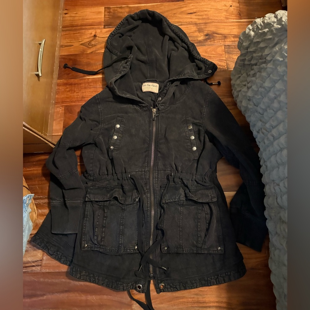 We The‎ Free Black Hooded Utility Jacket Medium Washed Cotton Parka - Picture 2 of 6